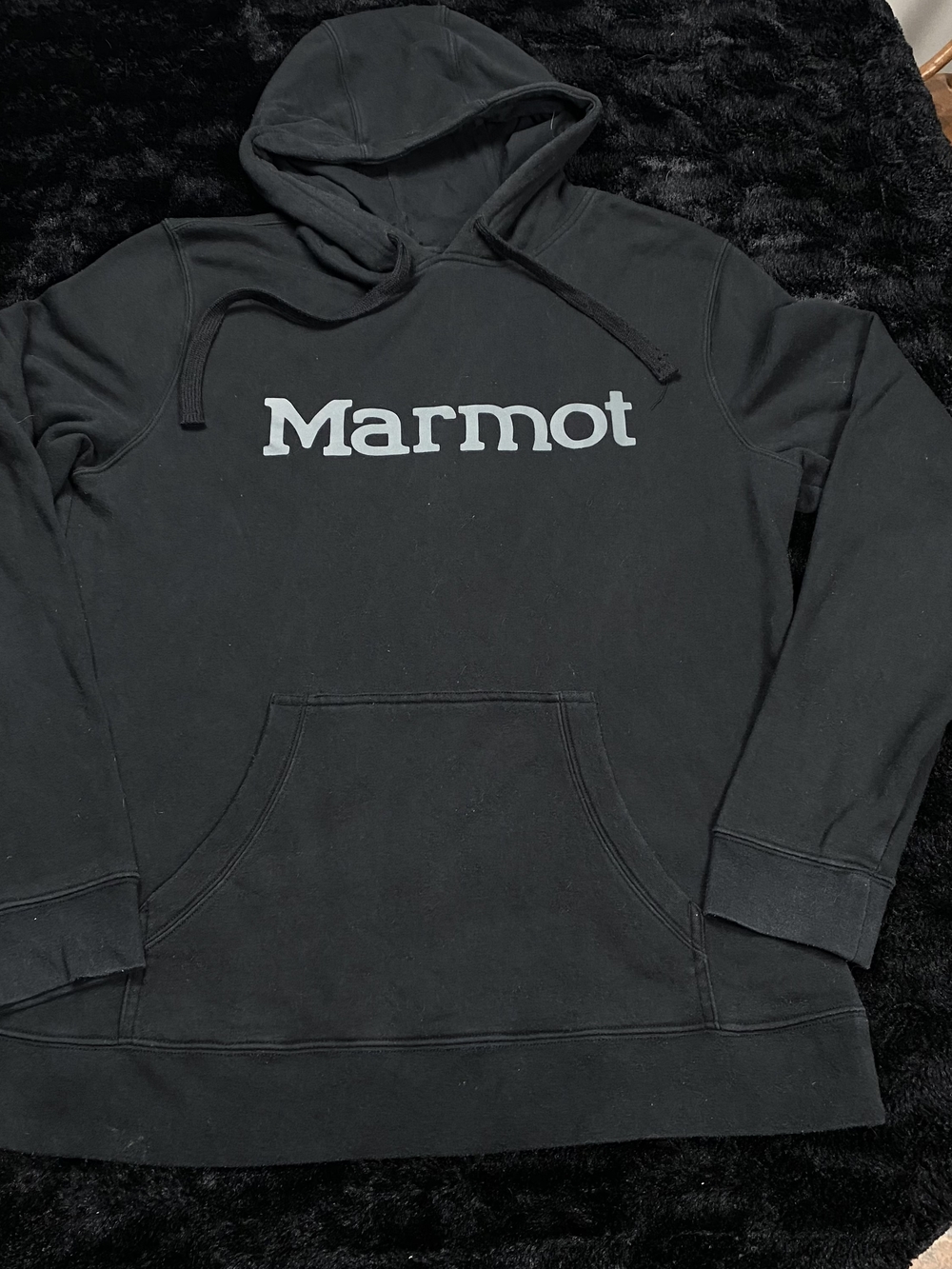 Marmot Men’s Large Black Logo Pullover Hoodie Sweatshirt Cotton Blend Outdoor